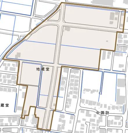 地蔵堂とその周辺の地図。町の範囲を重ねている