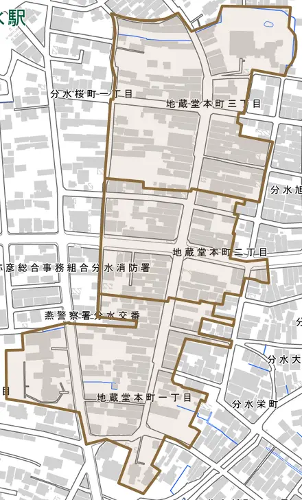 地蔵堂本町とその周辺の地図。町の範囲を重ねている