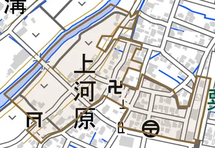 上河原とその周辺の地図。町の範囲を重ねている