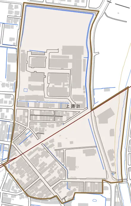 上諏訪とその周辺の地図。町の範囲を重ねている