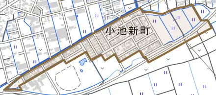 小池新町とその周辺の地図。町の範囲を重ねている
