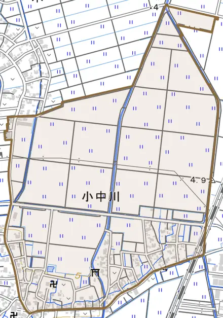 小中川とその周辺の地図。町の範囲を重ねている