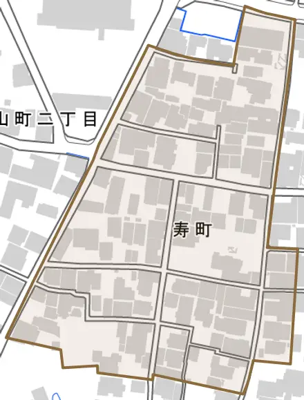 寿町とその周辺の地図。町の範囲を重ねている