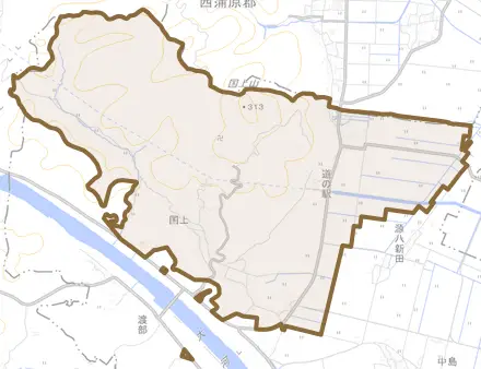 国上とその周辺の地図。町の範囲を重ねている