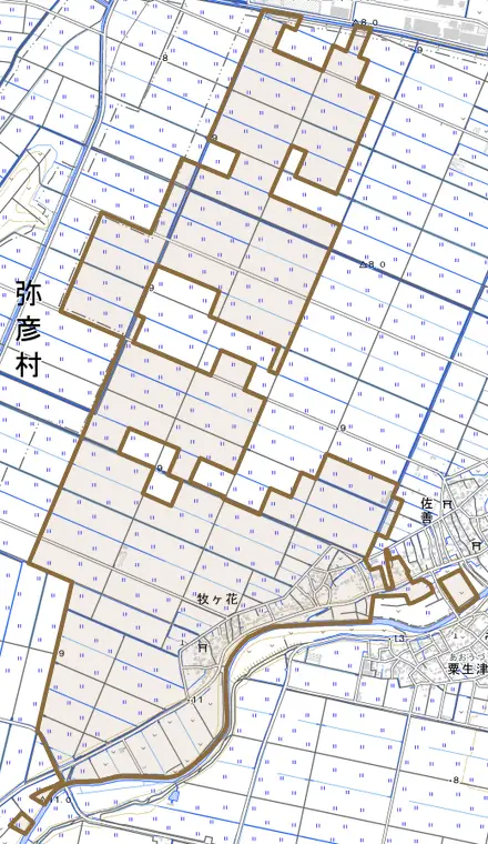 牧ケ花とその周辺の地図。町の範囲を重ねている