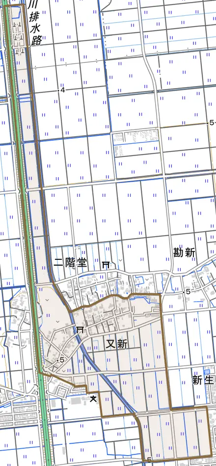 又新とその周辺の地図。町の範囲を重ねている