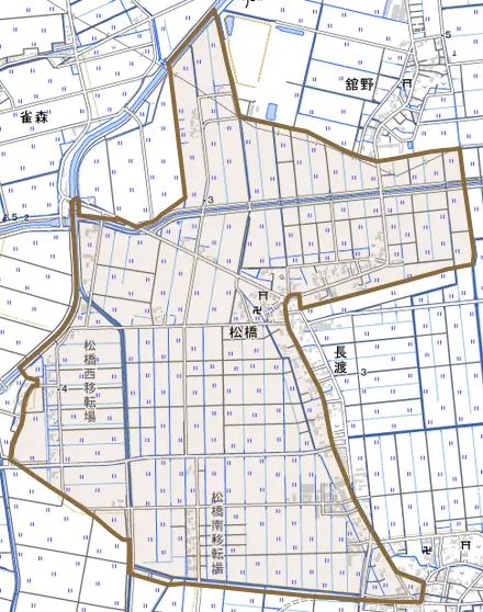 松橋とその周辺の地図。町の範囲を重ねている