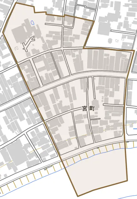 宮町とその周辺の地図。町の範囲を重ねている