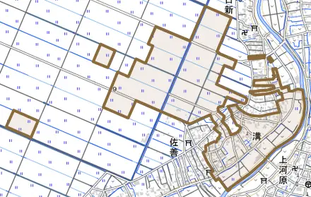溝とその周辺の地図。町の範囲を重ねている