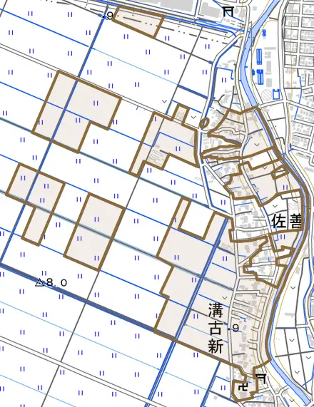 溝古新とその周辺の地図。町の範囲を重ねている