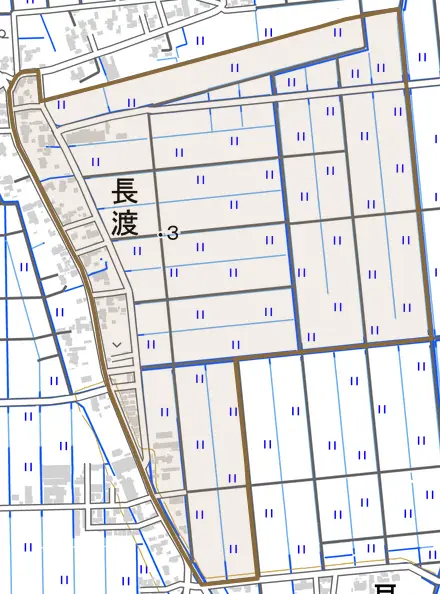 長渡とその周辺の地図。町の範囲を重ねている