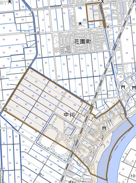 中川とその周辺の地図。町の範囲を重ねている