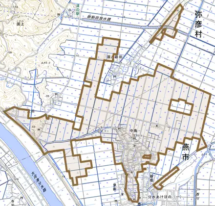 中島とその周辺の地図。町の範囲を重ねている