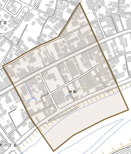 仲町とその周辺の地図。町の範囲を重ねている