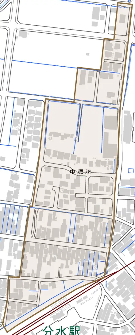 中諏訪とその周辺の地図。町の範囲を重ねている