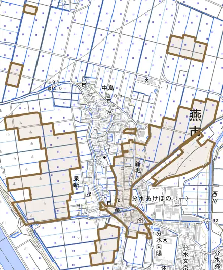 新堀とその周辺の地図。町の範囲を重ねている