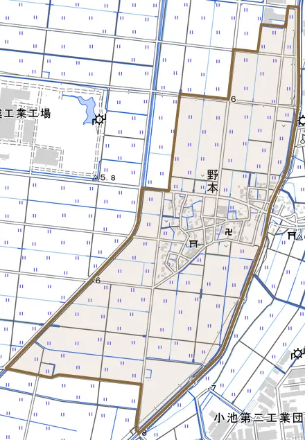 野本とその周辺の地図。町の範囲を重ねている