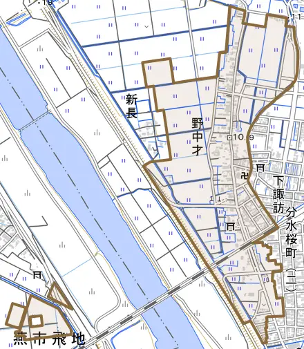 野中才とその周辺の地図。町の範囲を重ねている