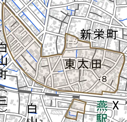 太田とその周辺の地図。町の範囲を重ねている