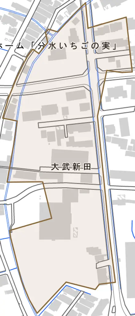 大武新田とその周辺の地図。町の範囲を重ねている