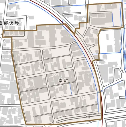 幸町とその周辺の地図。町の範囲を重ねている