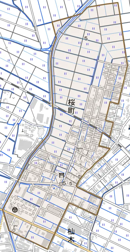 桜町とその周辺の地図。町の範囲を重ねている