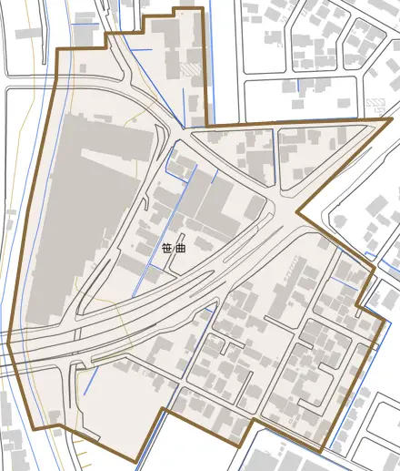 笹曲とその周辺の地図。町の範囲を重ねている