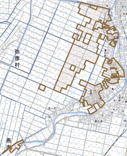 佐善とその周辺の地図。町の範囲を重ねている