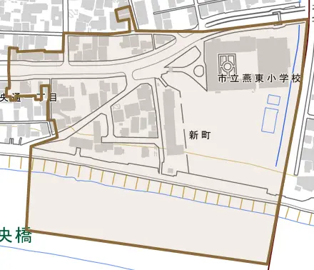 新町とその周辺の地図。町の範囲を重ねている