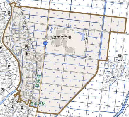 下粟生津とその周辺の地図。町の範囲を重ねている