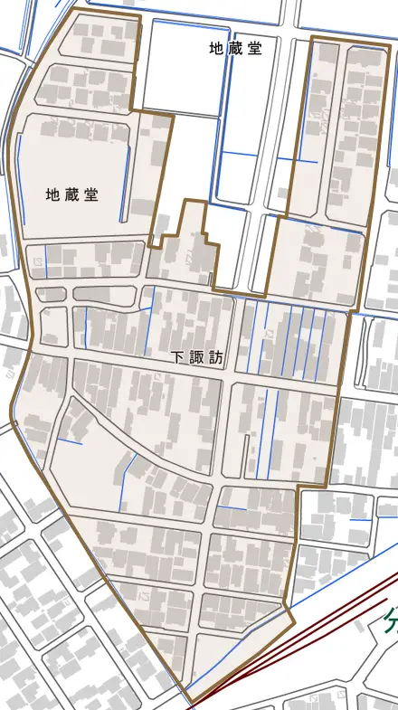 下諏訪とその周辺の地図。町の範囲を重ねている