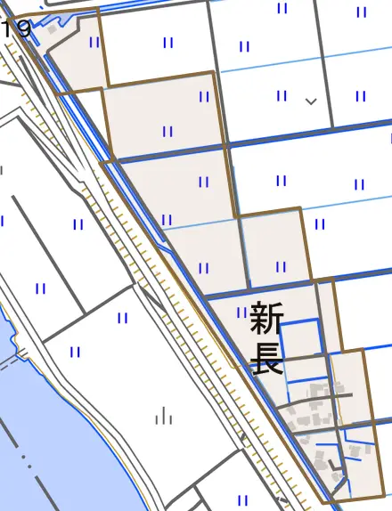 新長とその周辺の地図。町の範囲を重ねている