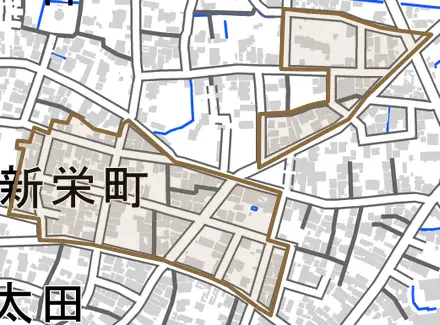 新栄町とその周辺の地図。町の範囲を重ねている