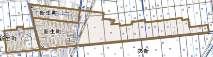 新生町とその周辺の地図。町の範囲を重ねている