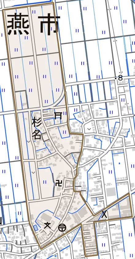 杉名とその周辺の地図。町の範囲を重ねている