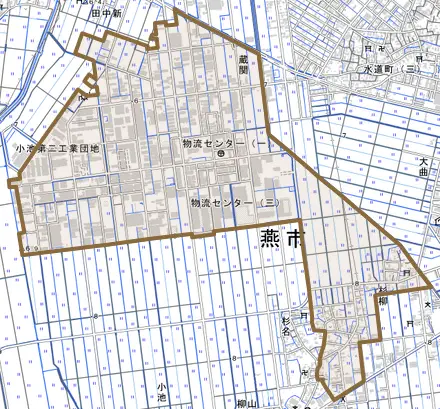 杉柳とその周辺の地図。町の範囲を重ねている