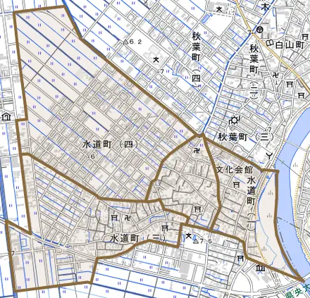 水道町とその周辺の地図。町の範囲を重ねている