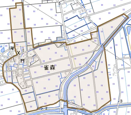 雀森とその周辺の地図。町の範囲を重ねている
