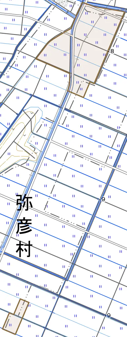 佐善村新田とその周辺の地図。町の範囲を重ねている