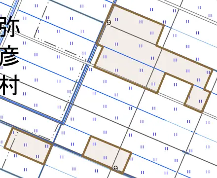 溝村新田とその周辺の地図。町の範囲を重ねている
