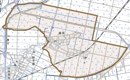 高木とその周辺の地図。町の範囲を重ねている