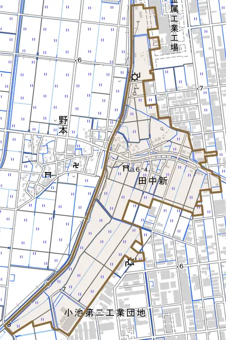 田中新とその周辺の地図。町の範囲を重ねている