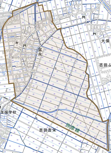 富永とその周辺の地図。町の範囲を重ねている