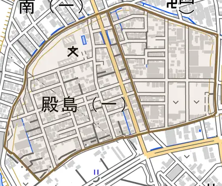 殿島とその周辺の地図。町の範囲を重ねている