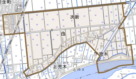次新とその周辺の地図。町の範囲を重ねている