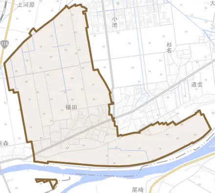 横田とその周辺の地図。町の範囲を重ねている