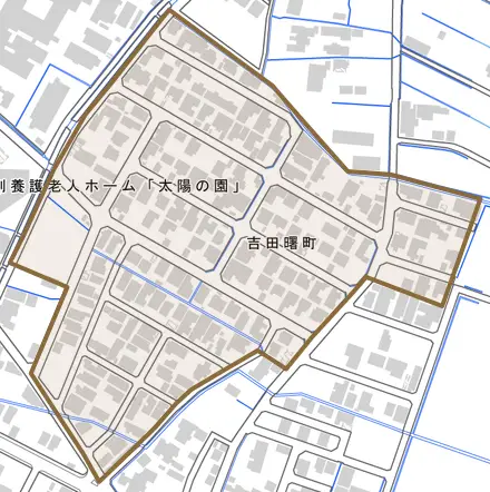 吉田曙町とその周辺の地図。町の範囲を重ねている