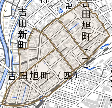 吉田旭町とその周辺の地図。町の範囲を重ねている