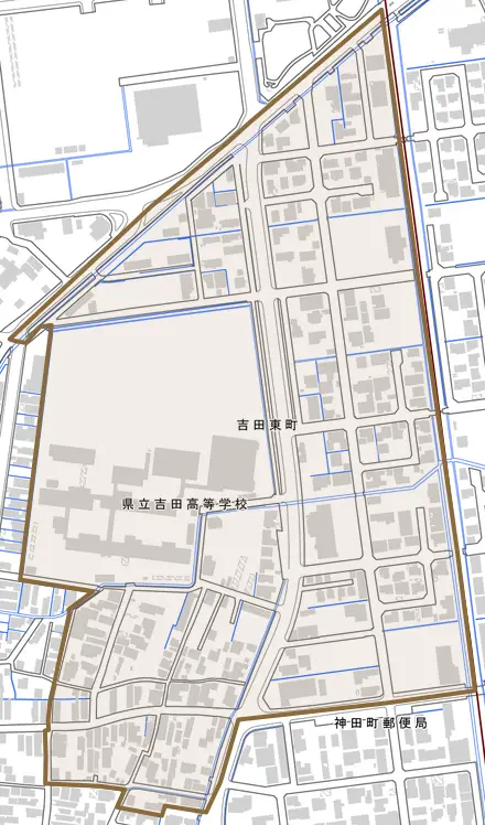 吉田東町とその周辺の地図。町の範囲を重ねている