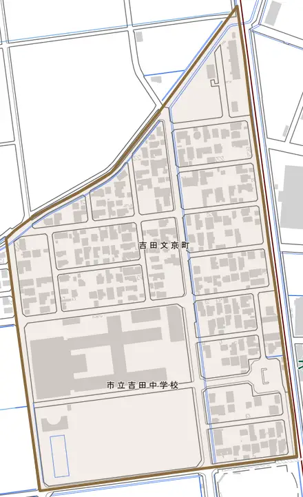 吉田文京町とその周辺の地図。町の範囲を重ねている